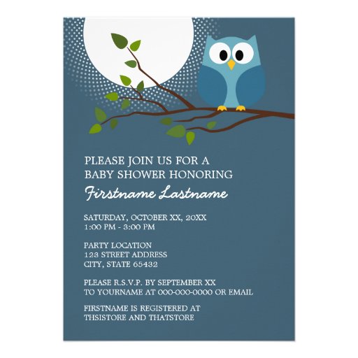 Cute Owl on Branch Baby Boy Shower Custom Invitations