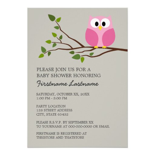 Cute Owl on Branch Baby Girl Shower Custom Invite
