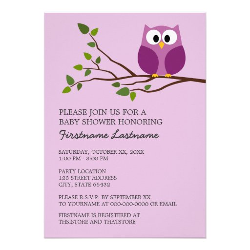 Cute Owl on Branch Baby Girl Shower Personalized Invitations (front side)