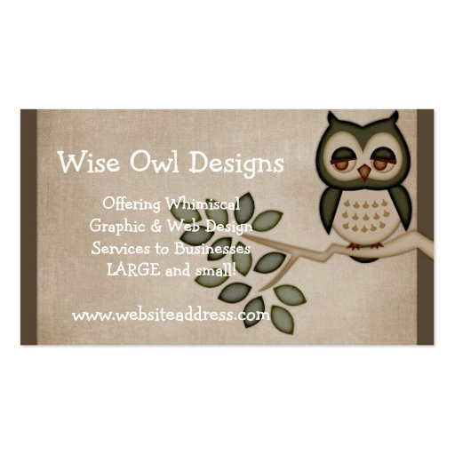 Cute Owl on Branch Business Card Design (front side)