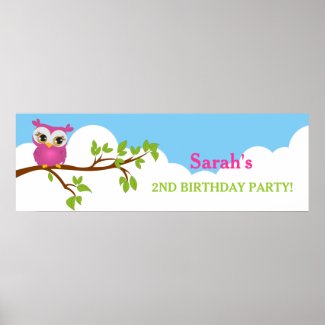 Cute Owl on Branch Girl Birthday Party Banner Poster
