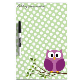 Cute Owl on Branch with Polka Dot Pattern and Name Dry-Erase Board