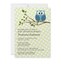 Cute Owl on Branch with polka dots Baby Boy Shower