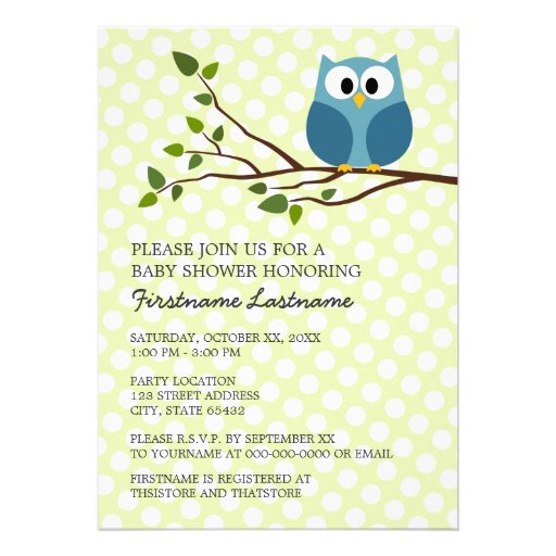 Cute Owl on Branch with polka dots Baby Boy Shower Personalized Invite (front side)