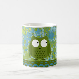 Cute Owl on Heart Ribbon with Floral Pattern Coffee Mugs