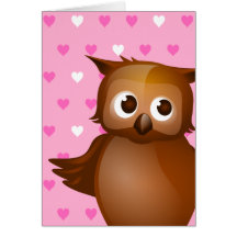 Cute Owl on Pink Heart Pattern Background Cards