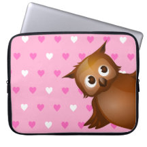 Cute Owl on Pink Heart Pattern Background Computer Sleeves