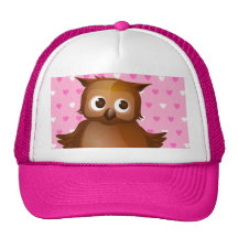 Cute Owl on Pink Heart Pattern Background Mesh Hat