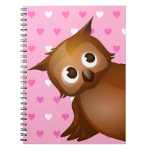 Cute Owl on Pink Heart Pattern Background Spiral Note Book