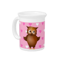 Cute Owl on Pink Heart Pattern Background Pitchers