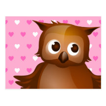 Cute Owl on Pink Heart Pattern Background Postcard