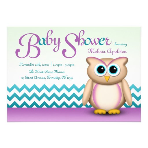 Cute Owl - Purple & Turquoise Chevron Baby Shower Custom Invitations