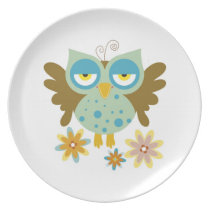 Cute owl with flowers plates