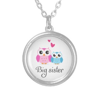 Cute owls big sister little brother cartoon round pendant necklace