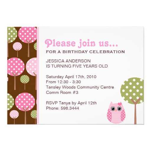 Cute Owls Girls Birthday Party Invitation 5" X 7" Invitation Card | Zazzle