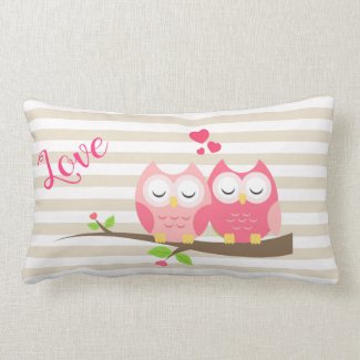 Cute Owls in Love on Branch Hearts & Stripes Throw Pillow