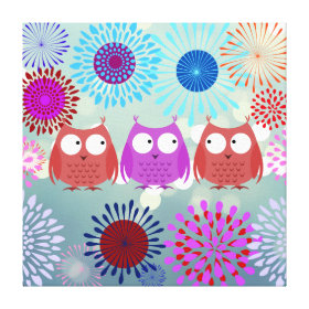 Cute Owls Looking at Each Other Flower Design Stretched Canvas Prints