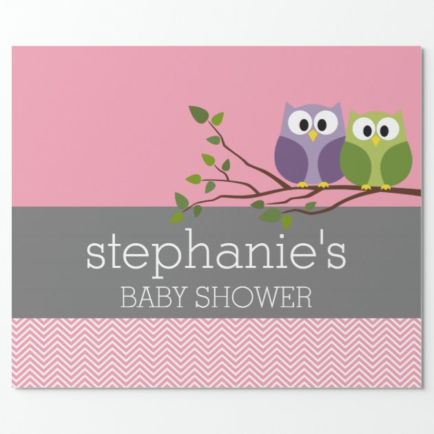 Cute Owls on Branch Baby Girl Shower Pink Wrapping Paper