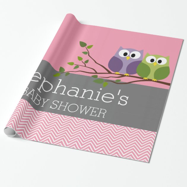 Cute Owls on Branch Baby Girl Shower Pink Wrapping Paper 2/4
