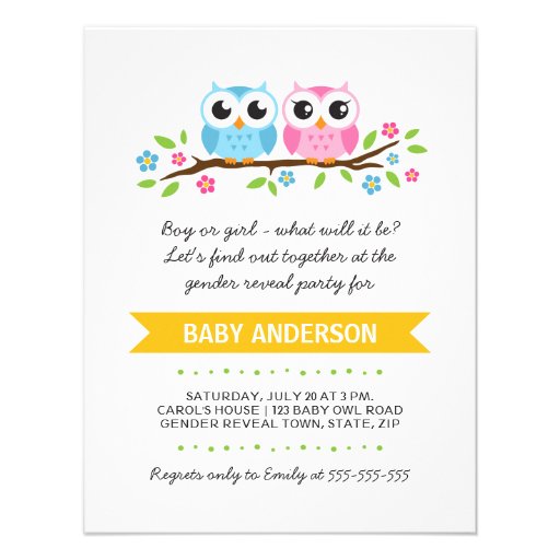 Cute owls on floral branch baby reveal party custom invite
