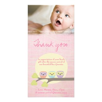 Cute Owls Pink Baby Thank You Photo Card