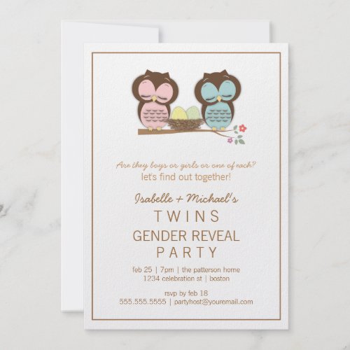 Cute Owls Twin Baby Gender Reveal Party Invitation