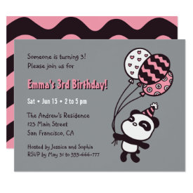 Cute Panda and Balloons Girls Birthday Party Card