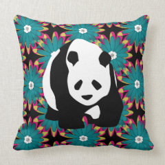 Cute Panda Bear Blue Pink Flowers Floral Pattern Throw Pillows
