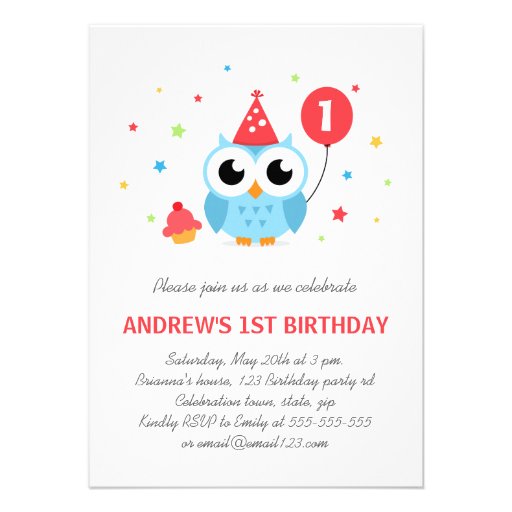 Cute party owl with balloon and cupcake birthday invites