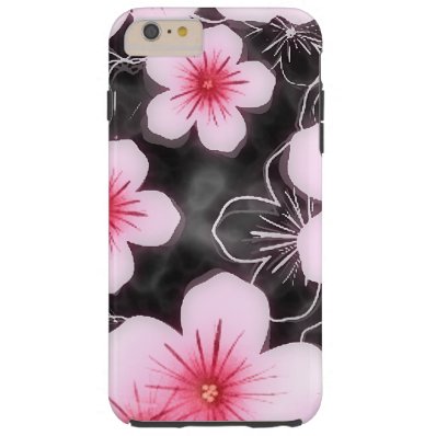 Cute Pastel Pink Hibiscus Floral Pattern On Black Tough iPhone 6 Plus Case