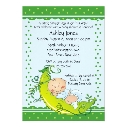 Cute Pea Pod Baby Boy Baby Shower Invitations (front side)