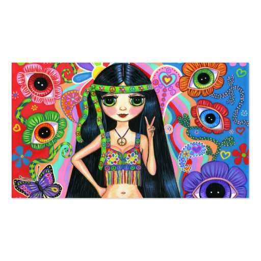 Cute Peace Sign Hippie Girl Business Card (front side)