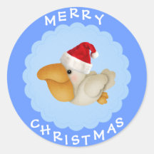 Cute Pelican in Santa Hat Blue Christmas Stickers