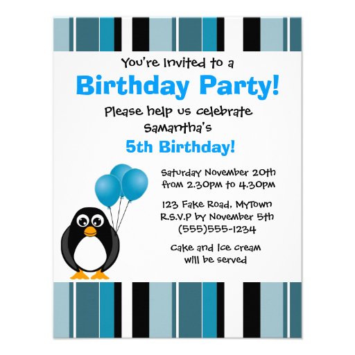 Cute Penguin Birthday Blue Stripe Party Invitation