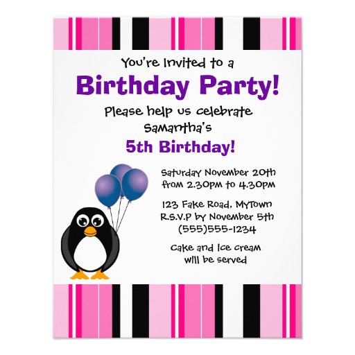 Cute Penguin Birthday Pink Purple Party Invitation