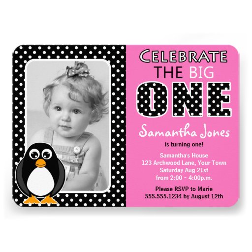 Cute Penguin First Birthday Party Pink Announcement