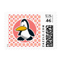 Cute Penguin; Pink & Coral Polka Dots Postage Stamps