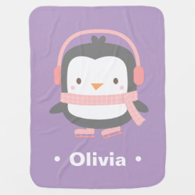 Cute Penguin Purple Personalized Baby Blanket