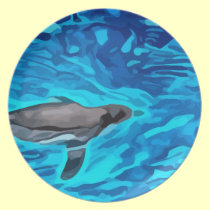 cute penguin swimming in blue water painting plates