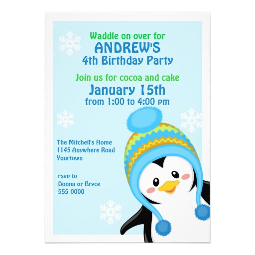 Cute Penguin Winter Birthday Invitation