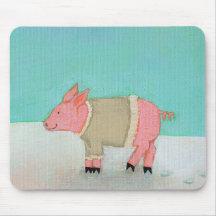 Cute pig art winter snow scene warm sweater mouse pad