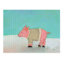 Cute pig art winter snow scene warm sweater postcards