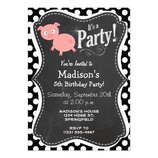 Cute Pig on Black and White Polka Dots Personalized Announcement