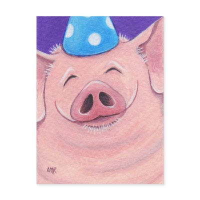 Cute Pig Wearing A Party Hat - Pig Art Postcard