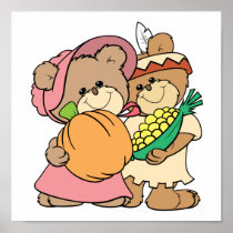 cute pilgrim and indian thanksgiving teddy bears posters