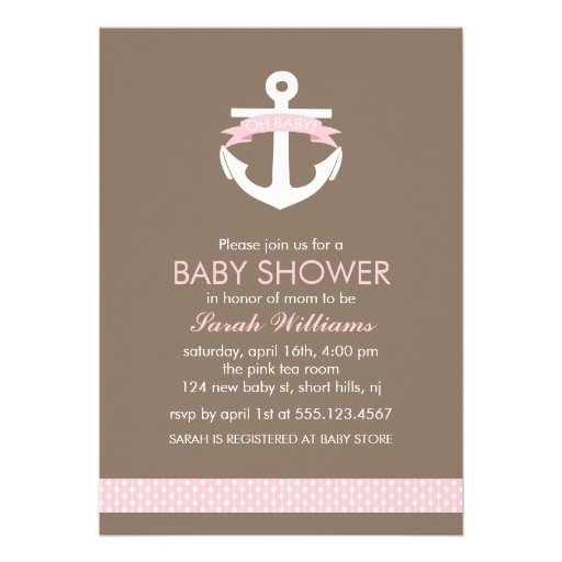 Cute Pink Anchor Nautical Theme Baby Shower Custom Invites
