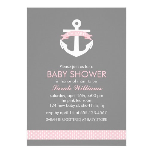 Cute Pink Anchor Nautical Theme Baby Shower Invite (front side)
