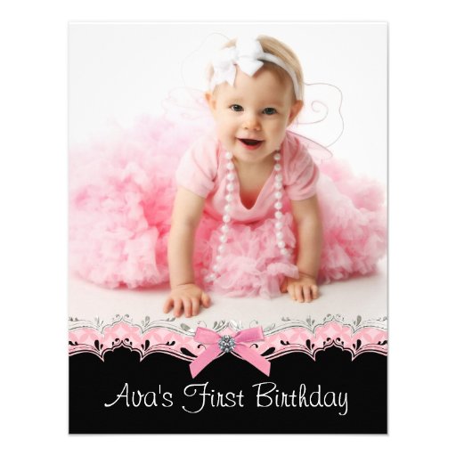 Cute Pink and Black Girls Photo 1st Birthday Party Custom Invites