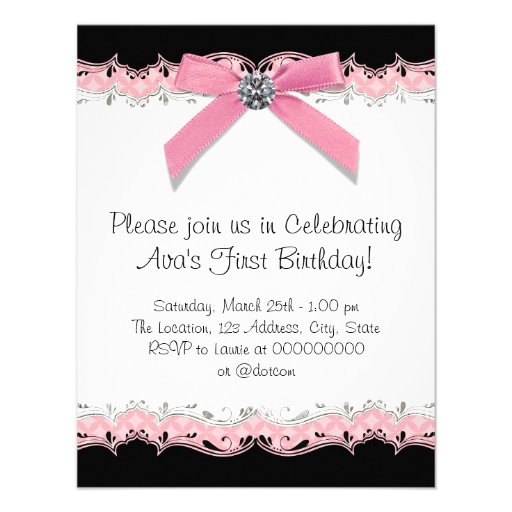 Cute Pink and Black Girls Photo 1st Birthday Party Custom Invites