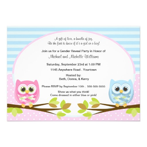 Cute Pink and Blue Owl Gender Reveal Cards